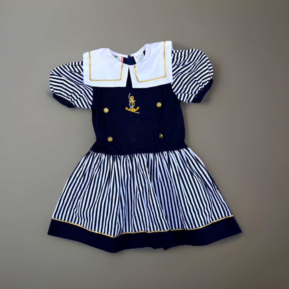 Vintage Tulip Sailor Dress Navy Blue White Gold Girl’s Size 5 EUC Like New 90s